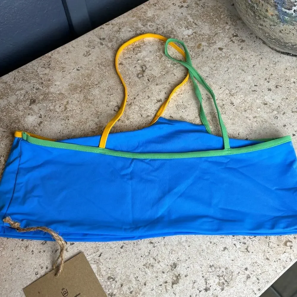 Stone Fox Swim Ibiza Blue Green Yellow One Shoulder Bikini XL Bathing Top NWT